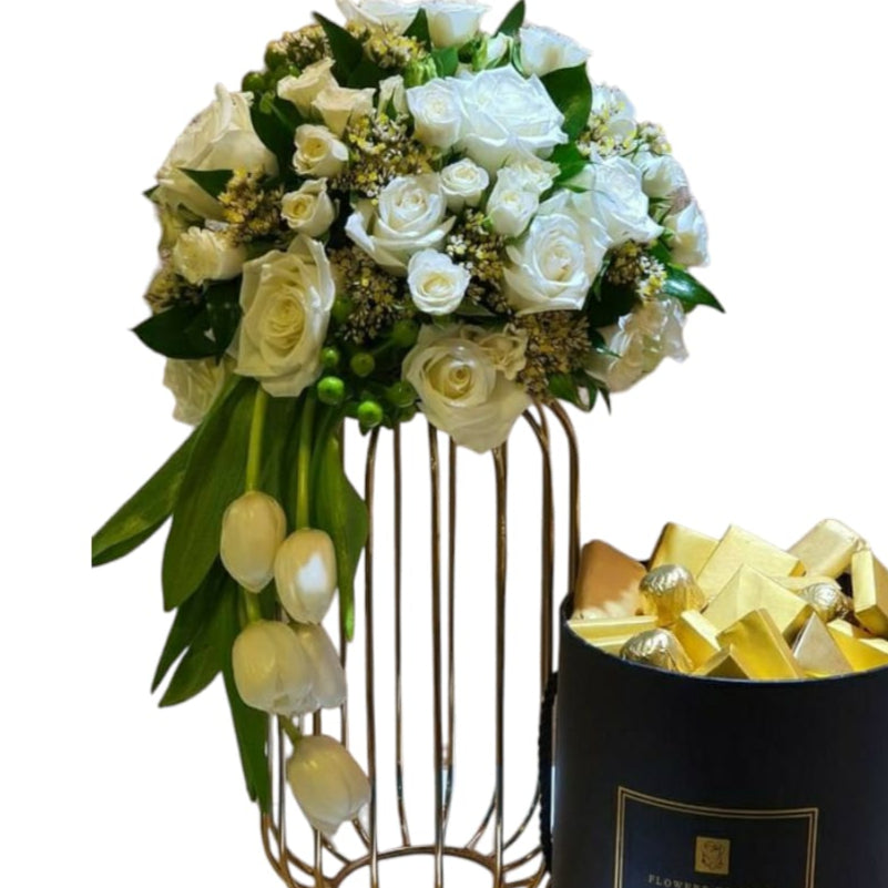 White Grace Floral Stand & Chocolate Box-TheFlowersHope