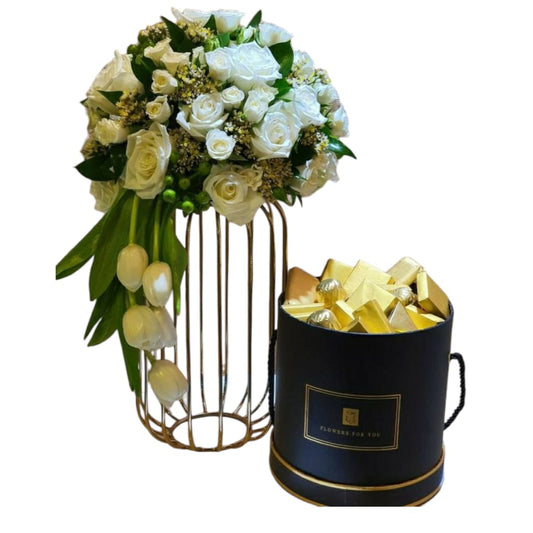 White Grace Floral Stand & Chocolate Box-TheFlowersHope